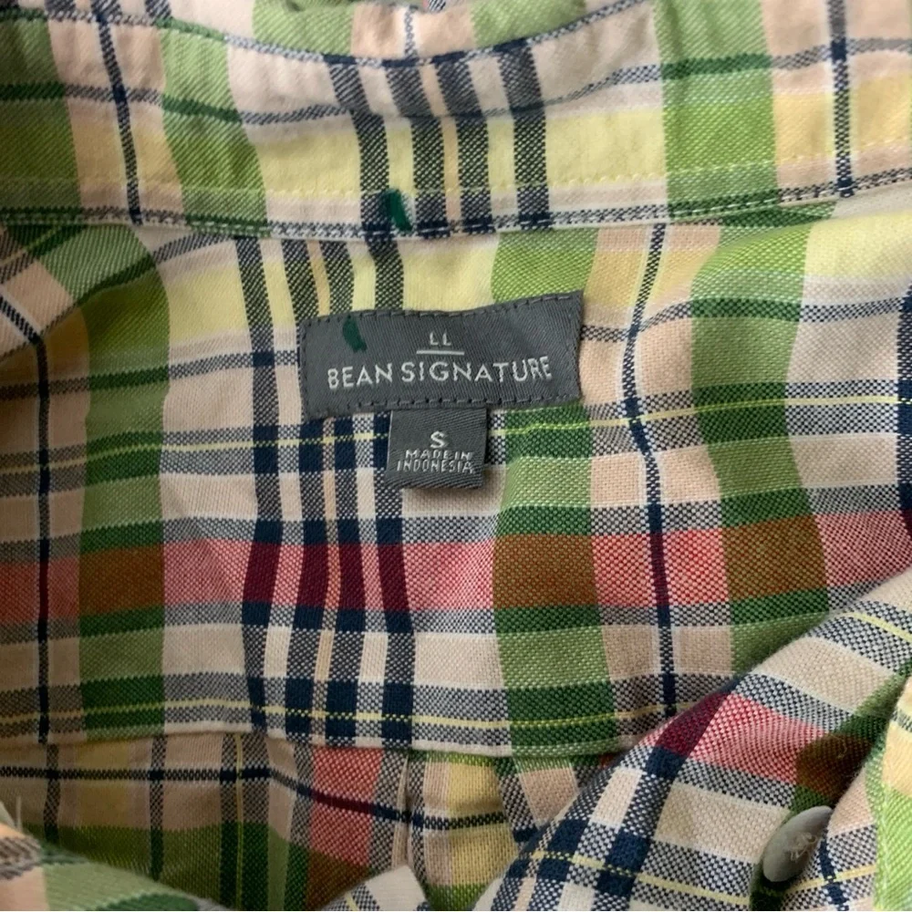 LL Bean Signature Men Size Small Shirt Button Down Top Green Yellow Plaid Cotton